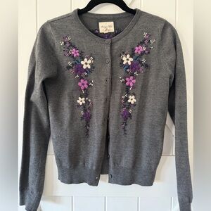 Gray Cardigan with Purple Floral Embroidery